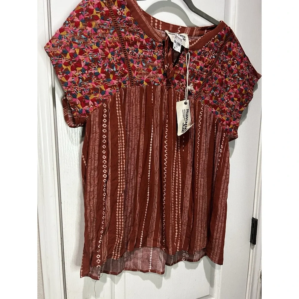Savanna Jane Brown Cream Floral Embroidery Top Sz M NWT Western Boho Festival - Picture 2 of 7